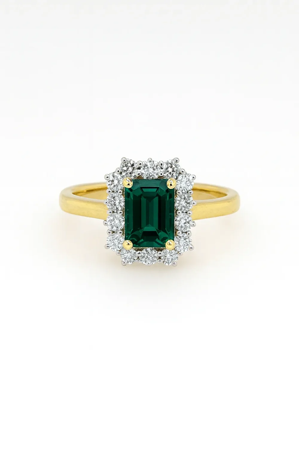 9ct Yellow Gold Radiant Cut Emerald & 1.05ct Diamond Halo Ring – Lab-Grown - AURG726-EM