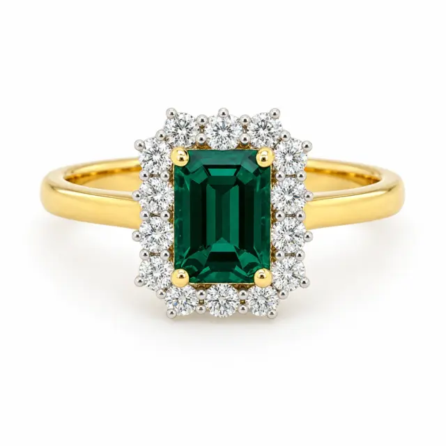 9ct Yellow Gold Radiant Cut Emerald & 1.05ct Diamond Halo Ring – Lab-Grown - AURG726-EM