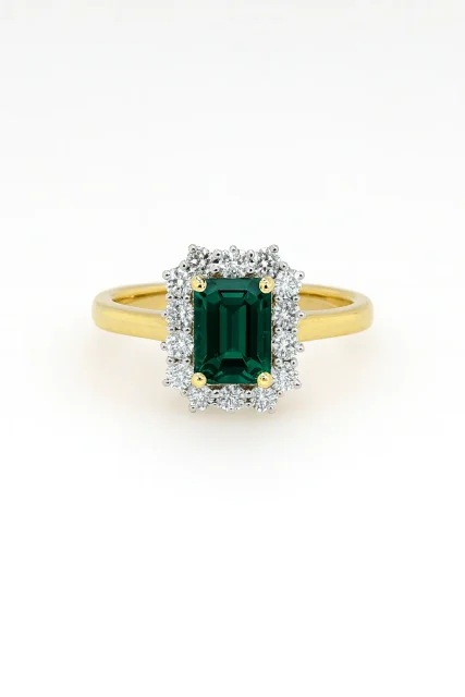 9ct Yellow Gold Radiant Cut Emerald & 1.05ct Diamond Halo Ring – Lab-Grown - AURG726-EM