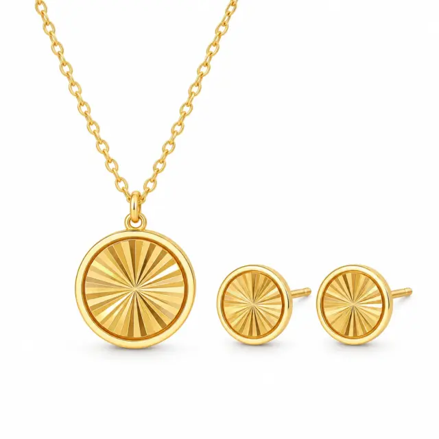 9ct Yellow Gold Rainbow Circle Necklace & Circle Stud Earrings Set