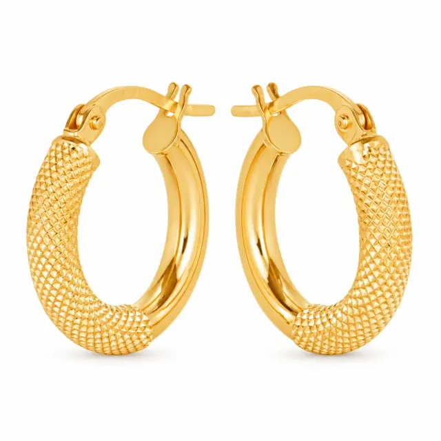 9ct Yellow Gold Round 10mm Diameter Half Mesh Half Plain Hoop Earring - 10OBC604-99