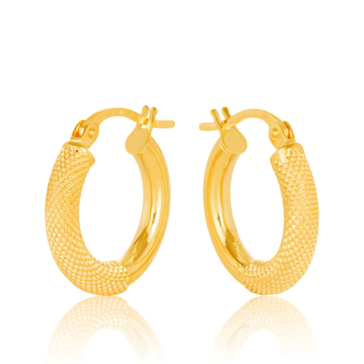 9ct Yellow Gold Round 10mm Diameter Half Mesh Half Plain Hoop Earring - 10OBC604-99