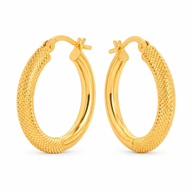 9ct Yellow Gold Round 15mm Diameter Half Mesh Half Plain Hoop Earring - 15OBC604-99
