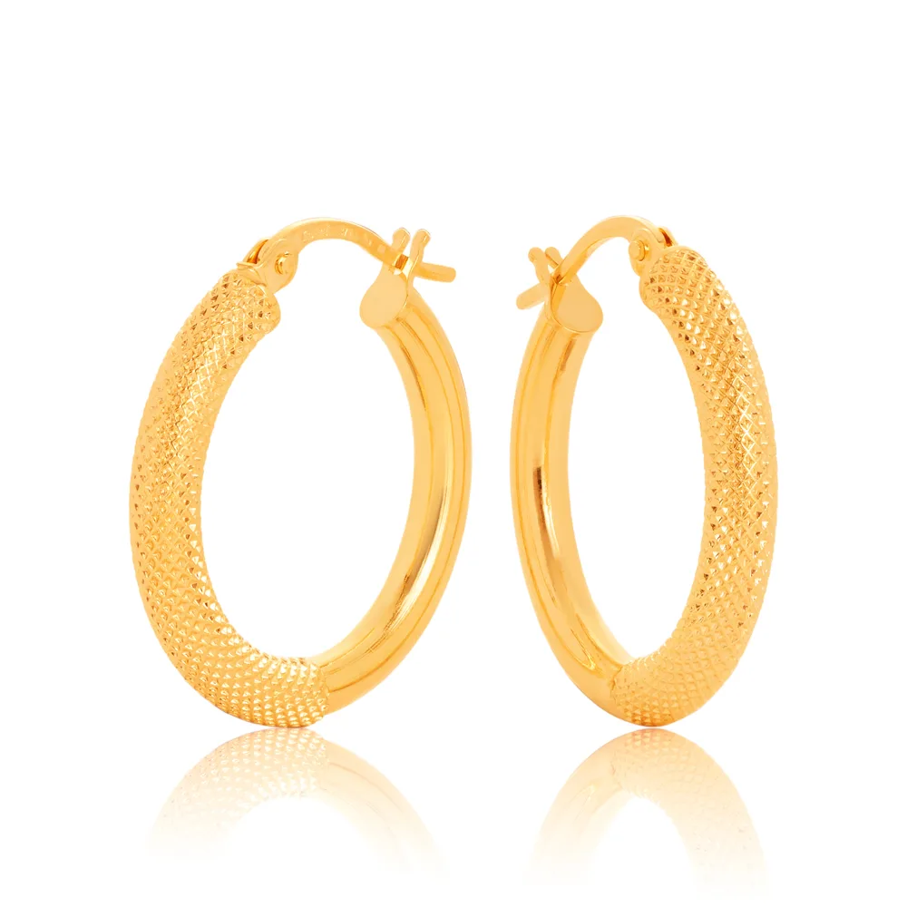9ct Yellow Gold Round 15mm Diameter Half Mesh Half Plain Hoop Earring - 15OBC604-99