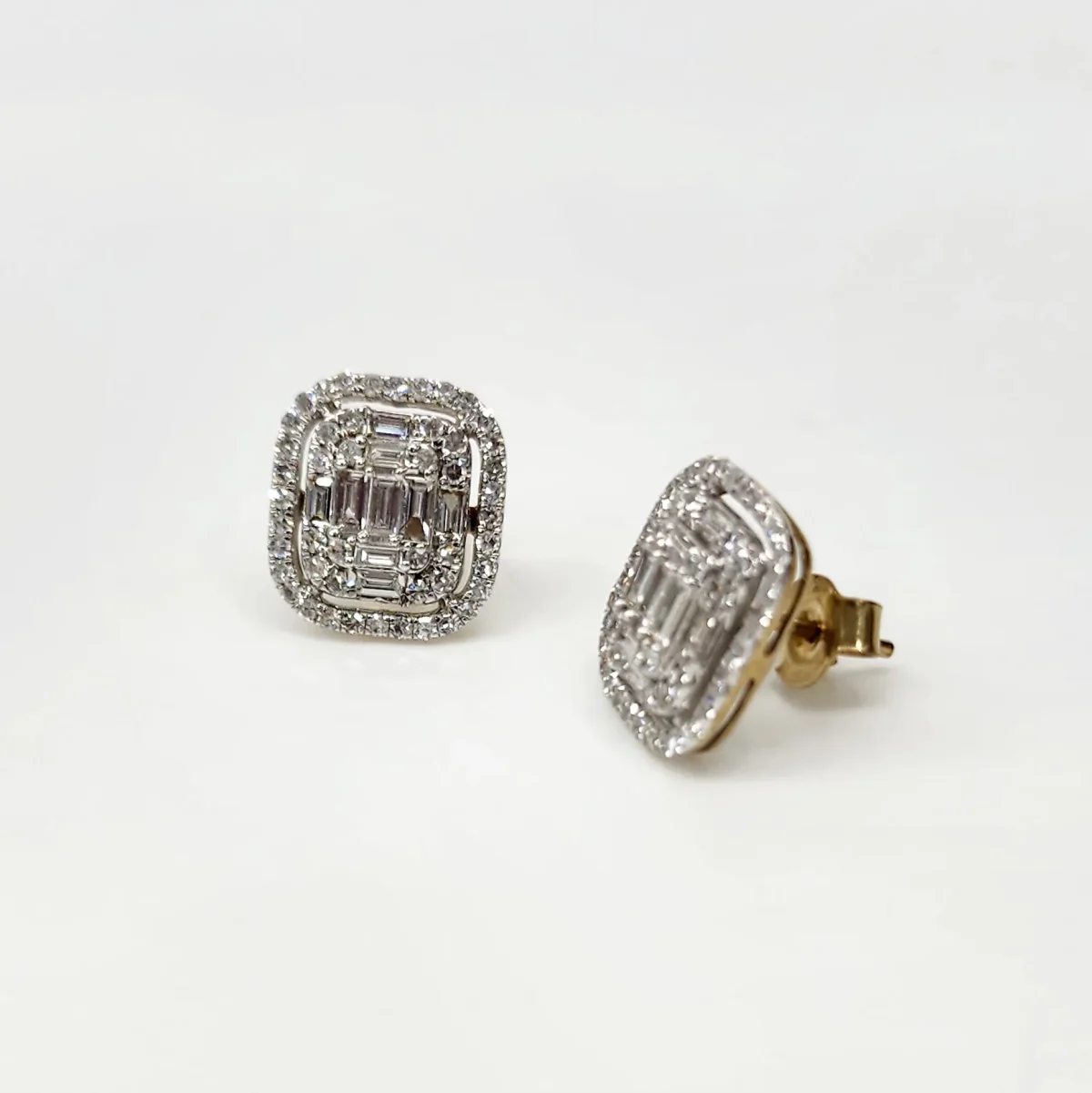 9ct Yellow Gold Round and Baguette 1.00ct Diamond Rectangular Cushion Halo Stud Earrings