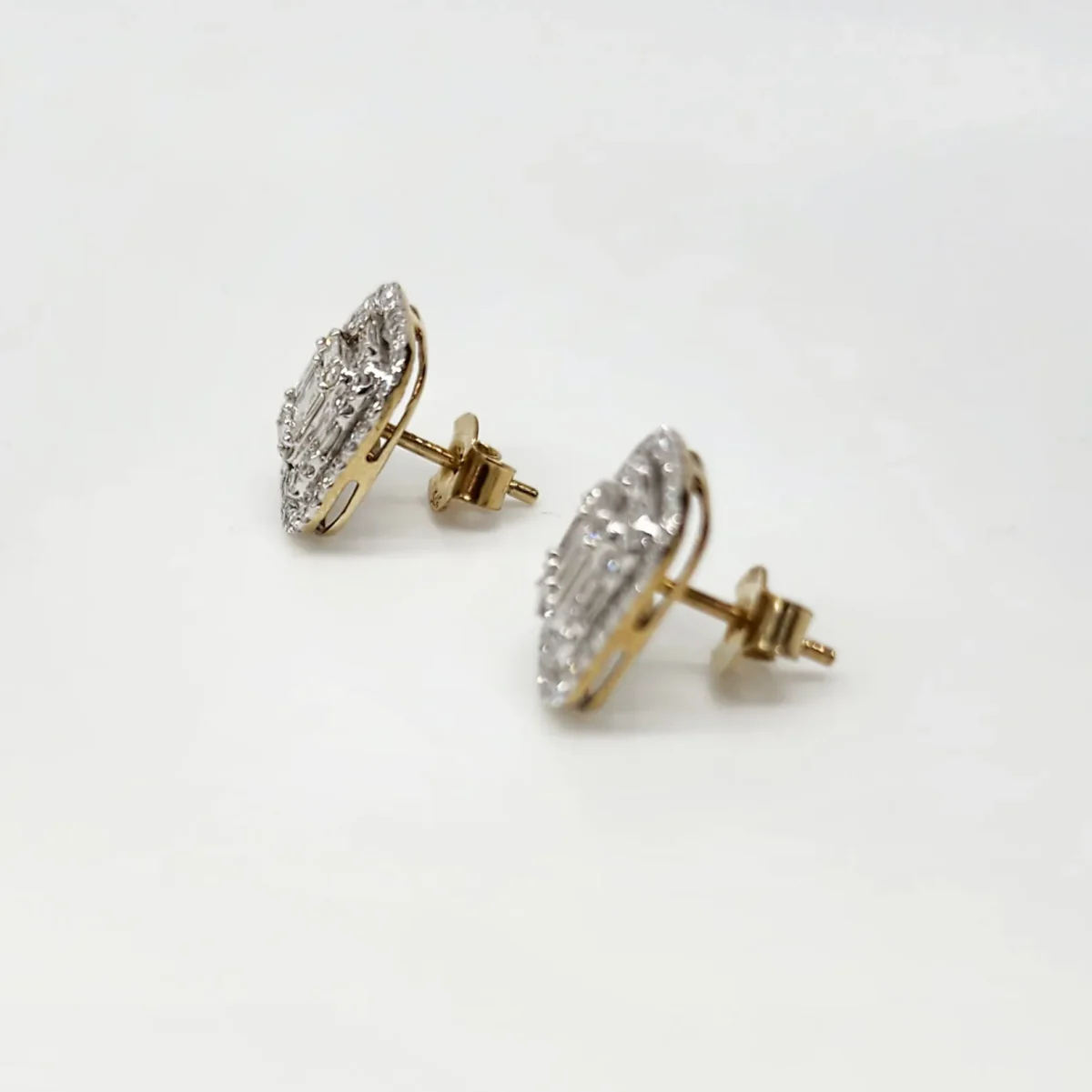 9ct Yellow Gold Round and Baguette 1.00ct Diamond Rectangular Cushion Halo Stud Earrings