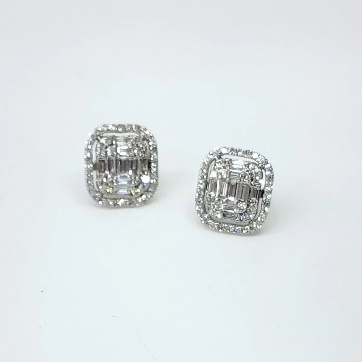 9ct Yellow Gold Round and Baguette 1.00ct Diamond Rectangular Cushion Halo Stud Earrings