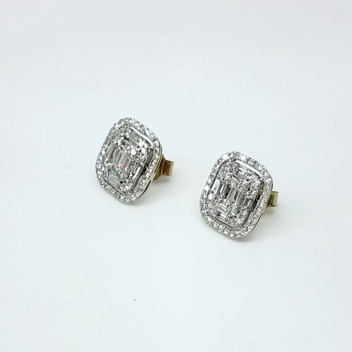 9ct Yellow Gold Round and Baguette 1.00ct Diamond Rectangular Cushion Halo Stud Earrings