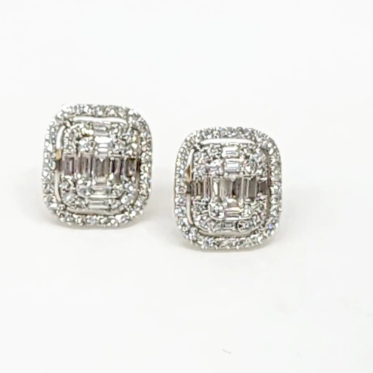 9ct Yellow Gold Round and Baguette 1.00ct Diamond Rectangular Cushion Halo Stud Earrings