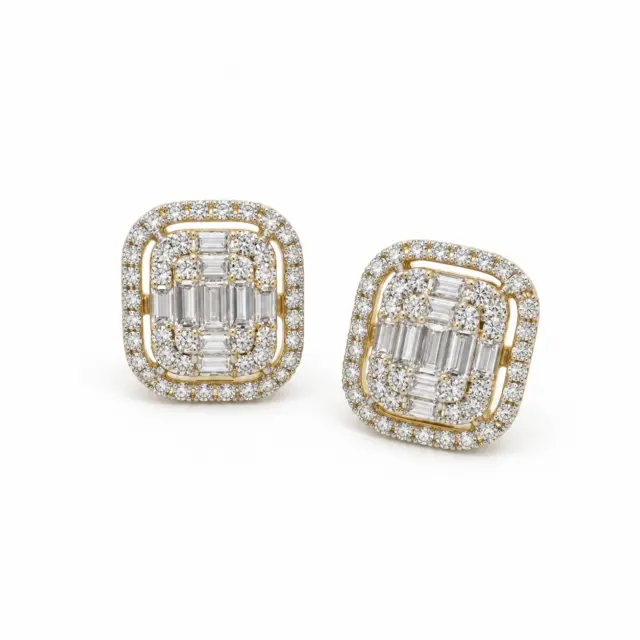 9ct Yellow Gold Round and Baguette 1.00ct Diamond Rectangular Cushion Halo Stud Earrings