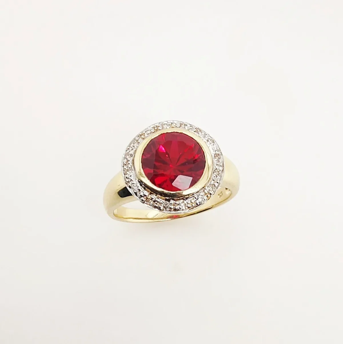9ct Yellow Gold Round Brilliant Cut Created Ruby and 0.15ct Diamond Ring - CYR1819