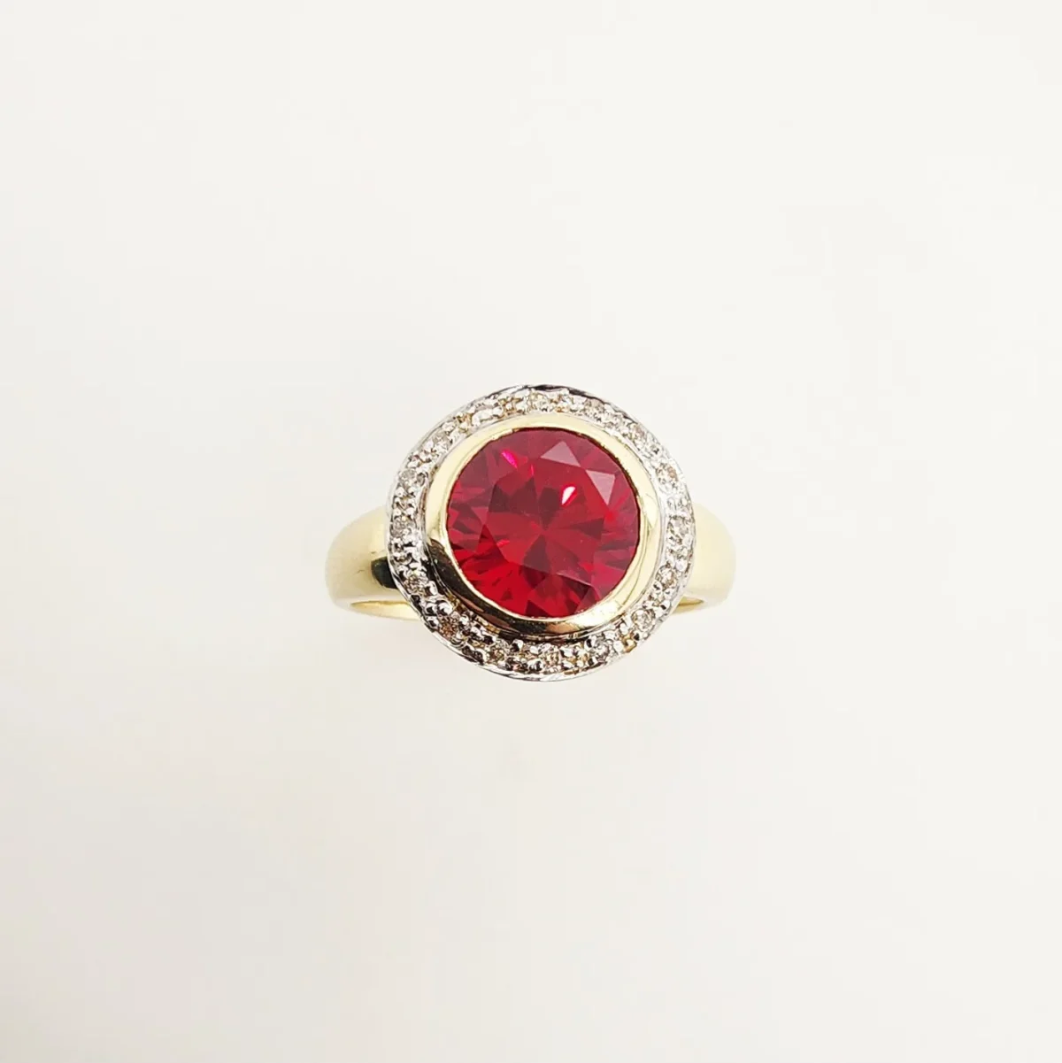 9ct Yellow Gold Round Brilliant Cut Created Ruby and 0.15ct Diamond Ring - CYR1819