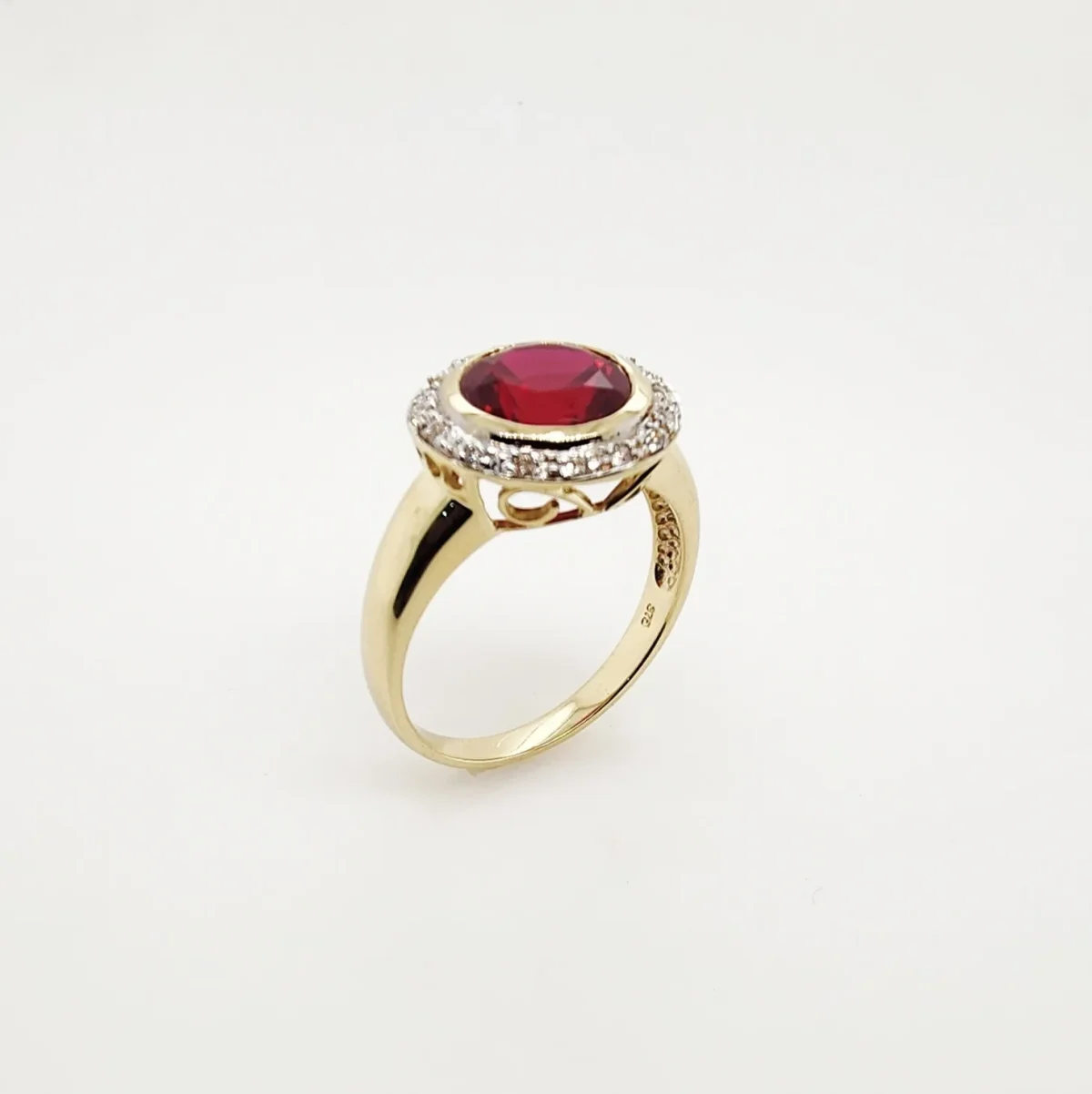 9ct Yellow Gold Round Brilliant Cut Created Ruby and 0.15ct Diamond Ring - CYR1819