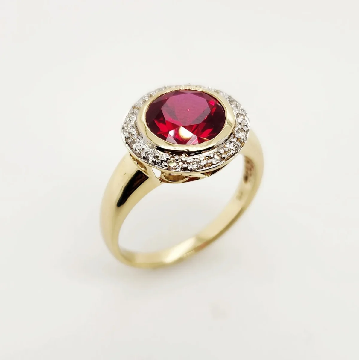 9ct Yellow Gold Round Brilliant Cut Created Ruby and 0.15ct Diamond Ring - CYR1819