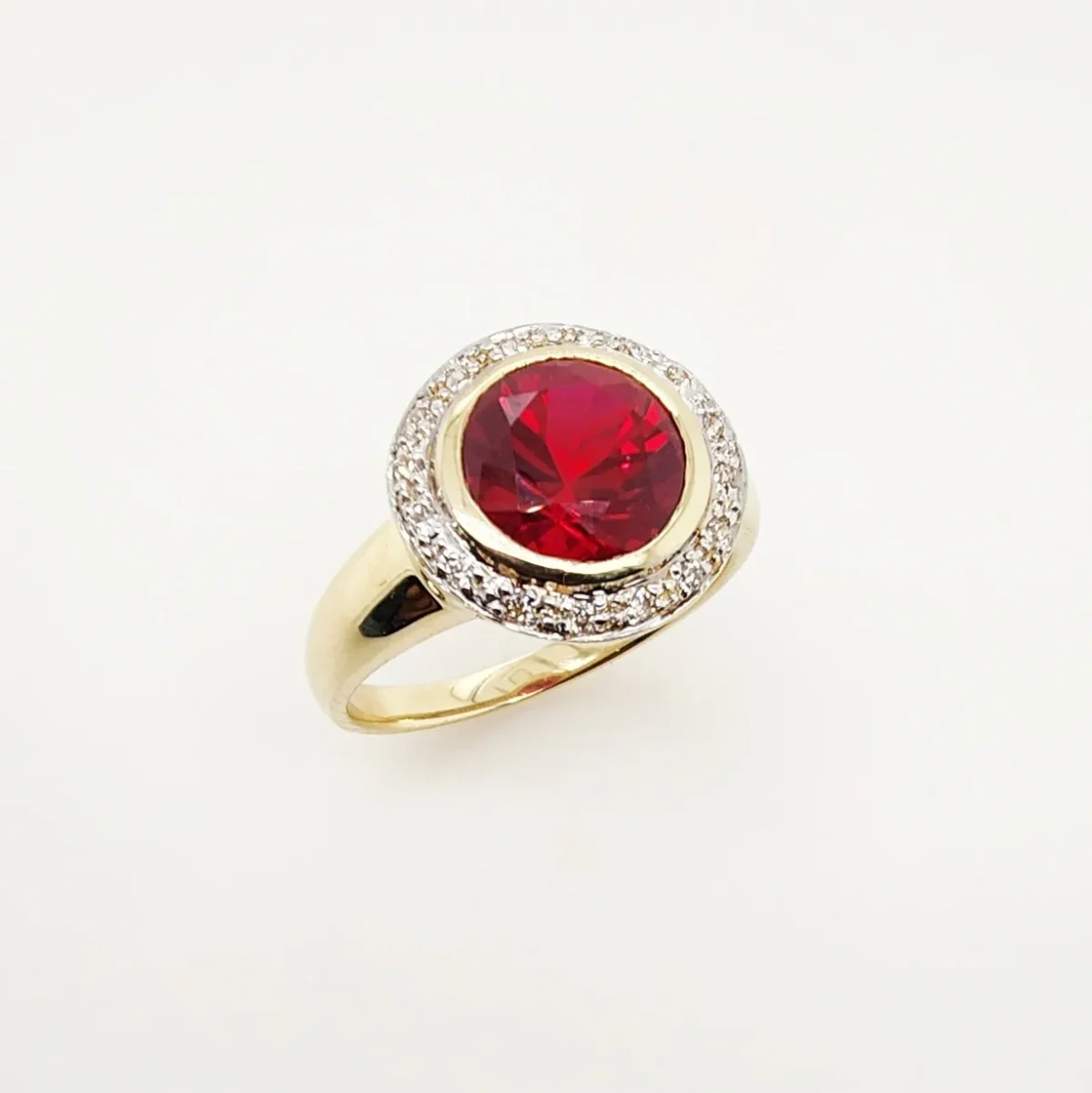 9ct Yellow Gold Round Brilliant Cut Created Ruby and 0.15ct Diamond Ring - CYR1819