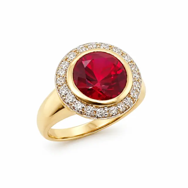 9ct Yellow Gold Round Brilliant Cut Created Ruby and 0.15ct Diamond Ring - CYR1819