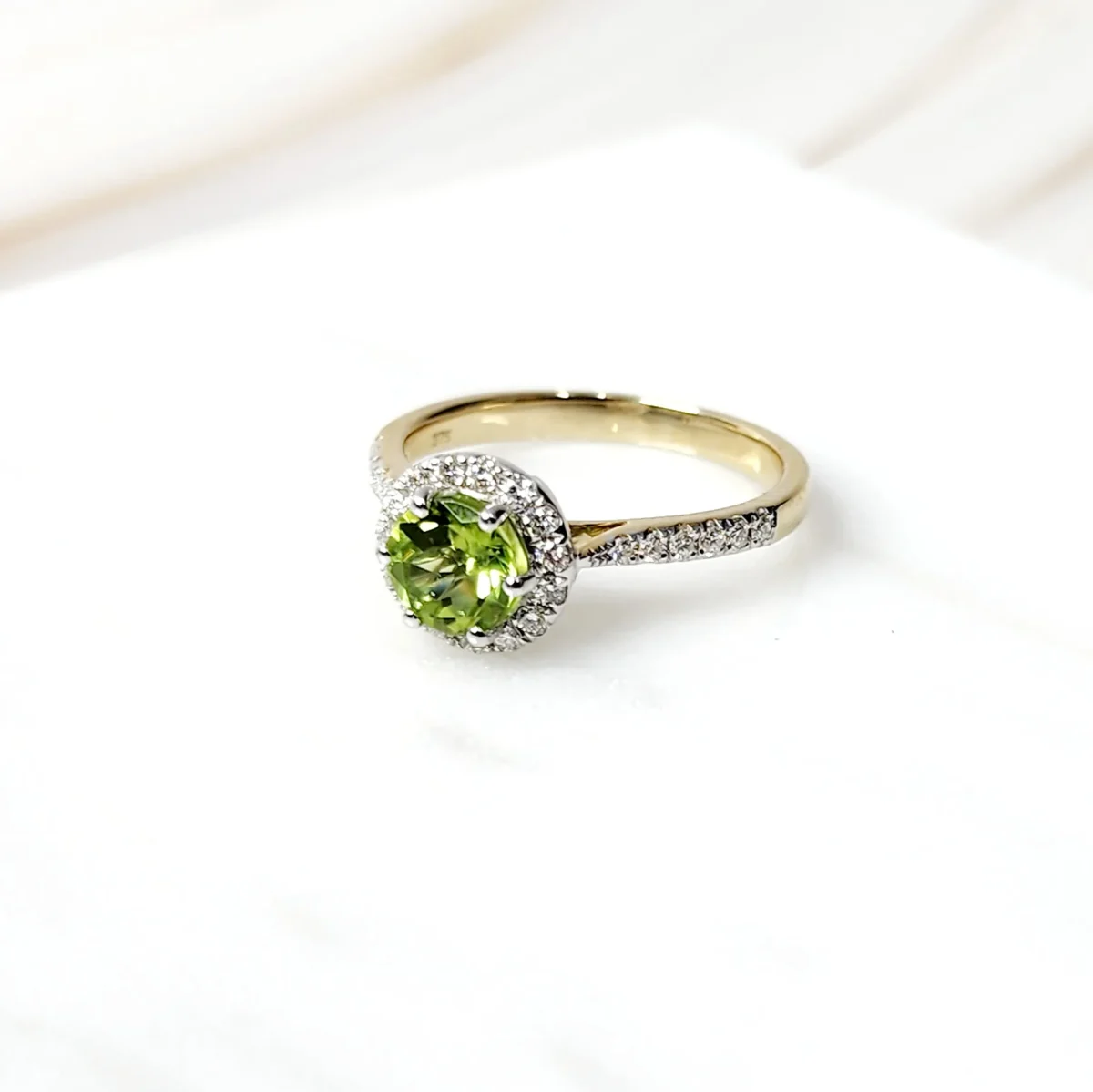 9ct Yellow Gold Round-Cut Peridot & Diamond Halo Engagement / Dress Ring