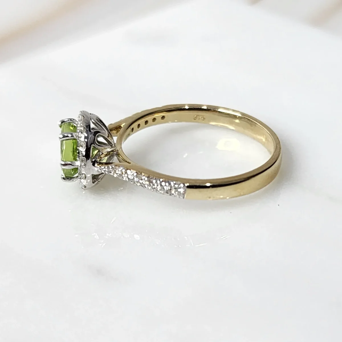 9ct Yellow Gold Round-Cut Peridot & Diamond Halo Engagement / Dress Ring