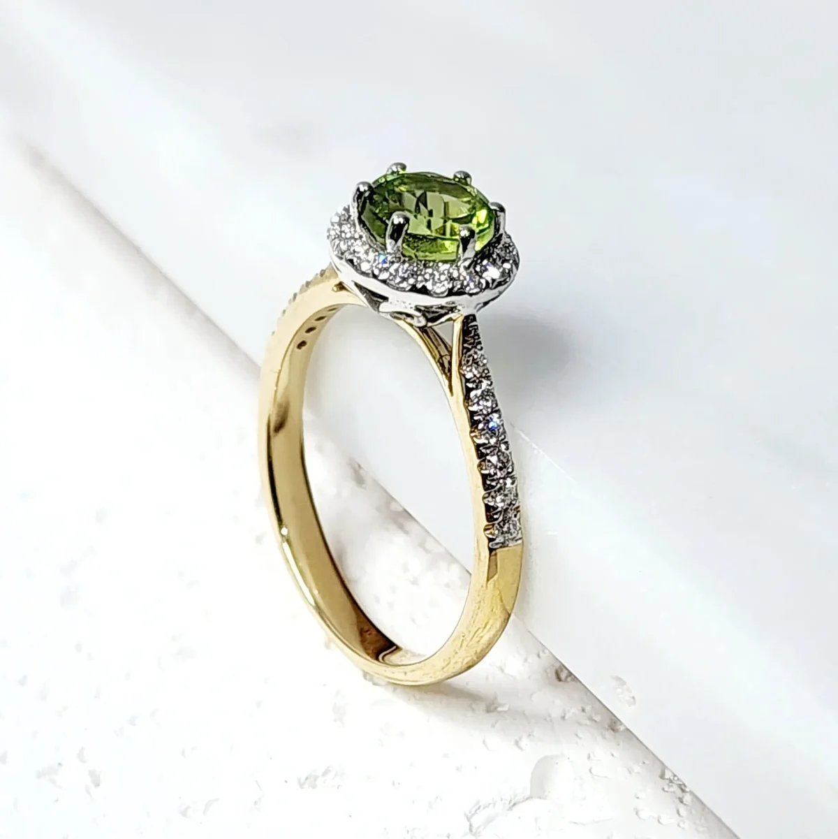 9ct Yellow Gold Round-Cut Peridot & Diamond Halo Engagement / Dress Ring