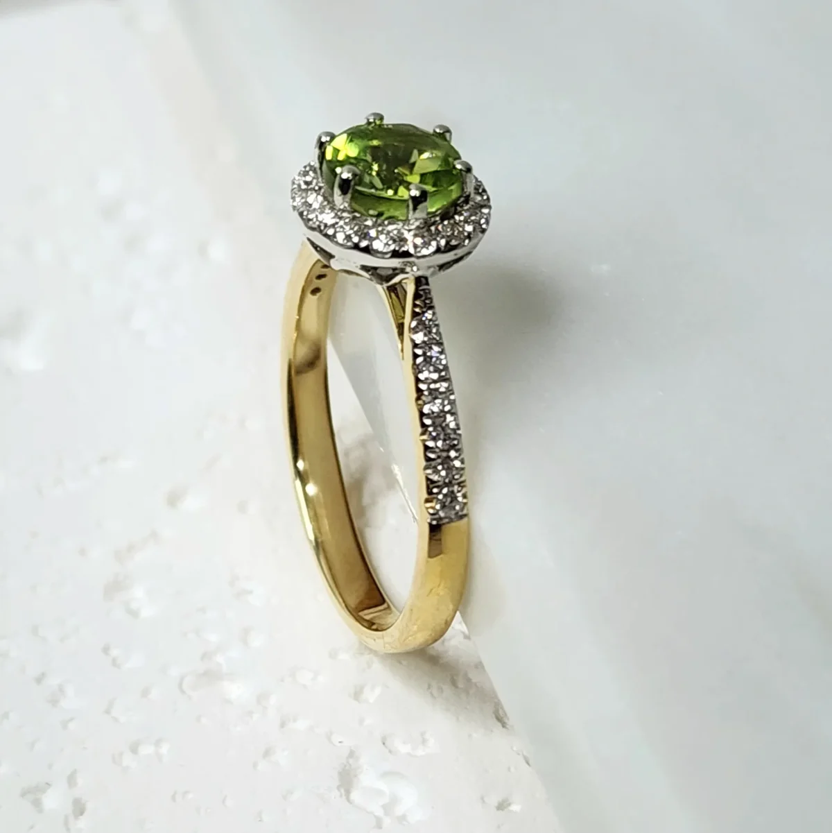 9ct Yellow Gold Round-Cut Peridot & Diamond Halo Engagement / Dress Ring