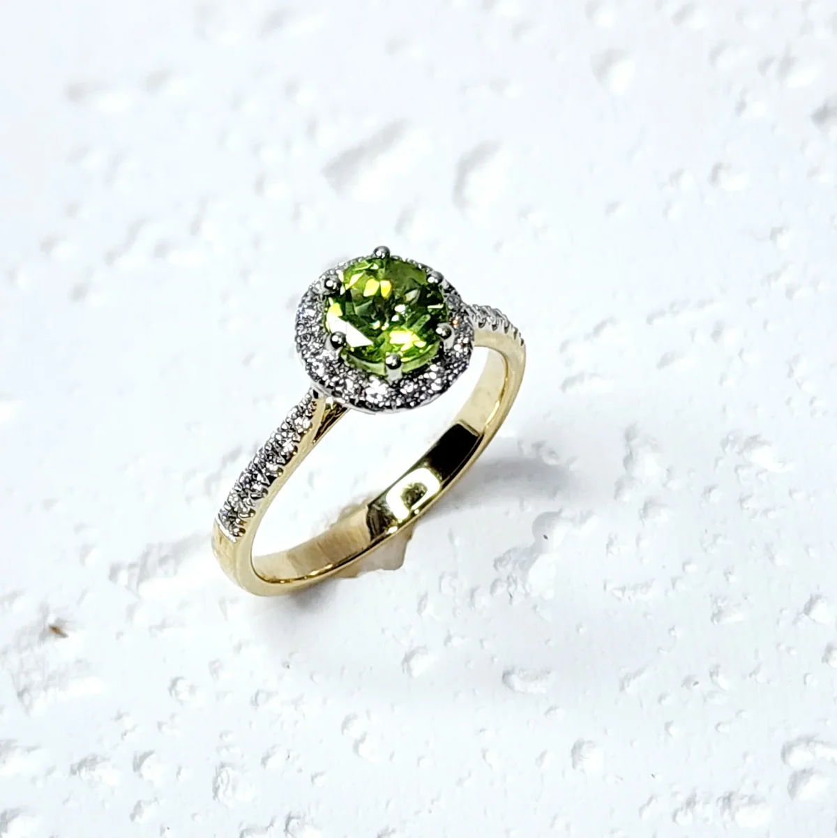 9ct Yellow Gold Round-Cut Peridot & Diamond Halo Engagement / Dress Ring