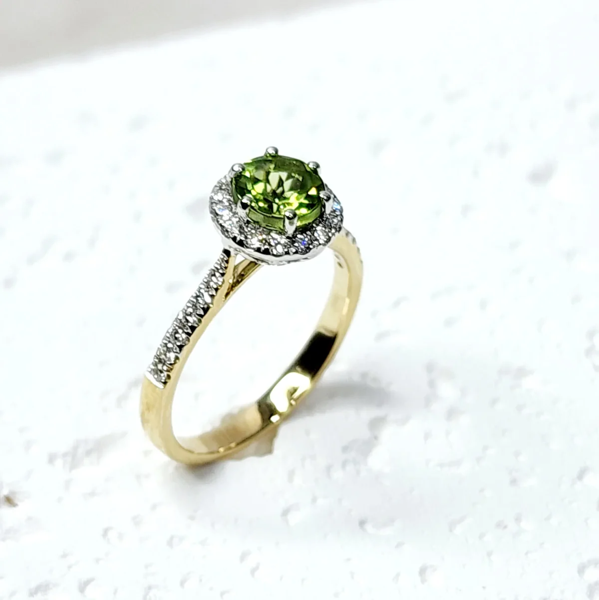 9ct Yellow Gold Round-Cut Peridot & Diamond Halo Engagement / Dress Ring
