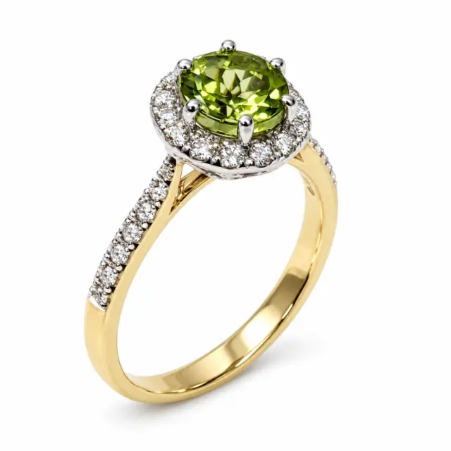 9ct Yellow Gold Round-Cut Peridot & Diamond Halo Engagement / Dress Ring
