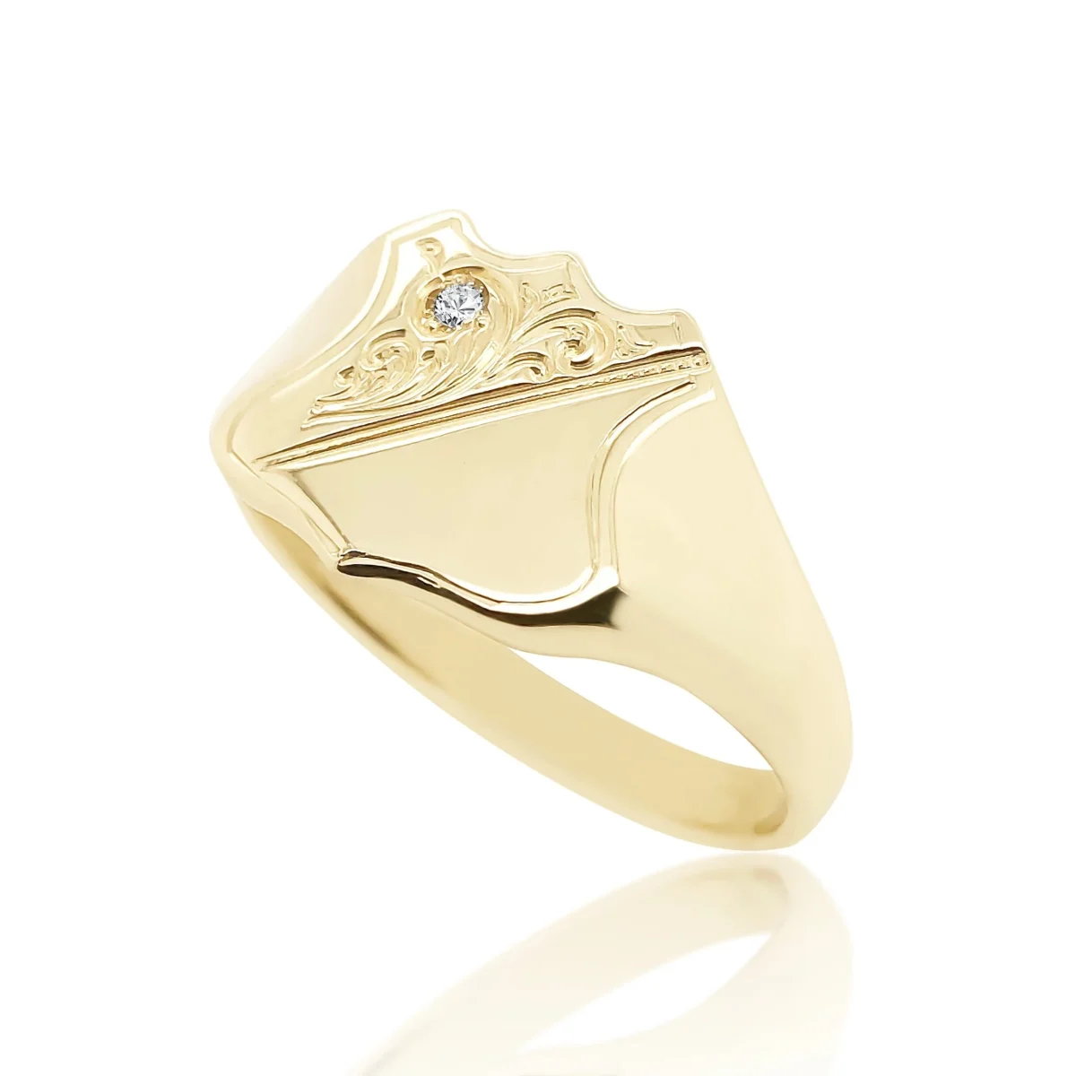 9ct Yellow Gold Shield Engraved Signet Ring with Diamond Setting