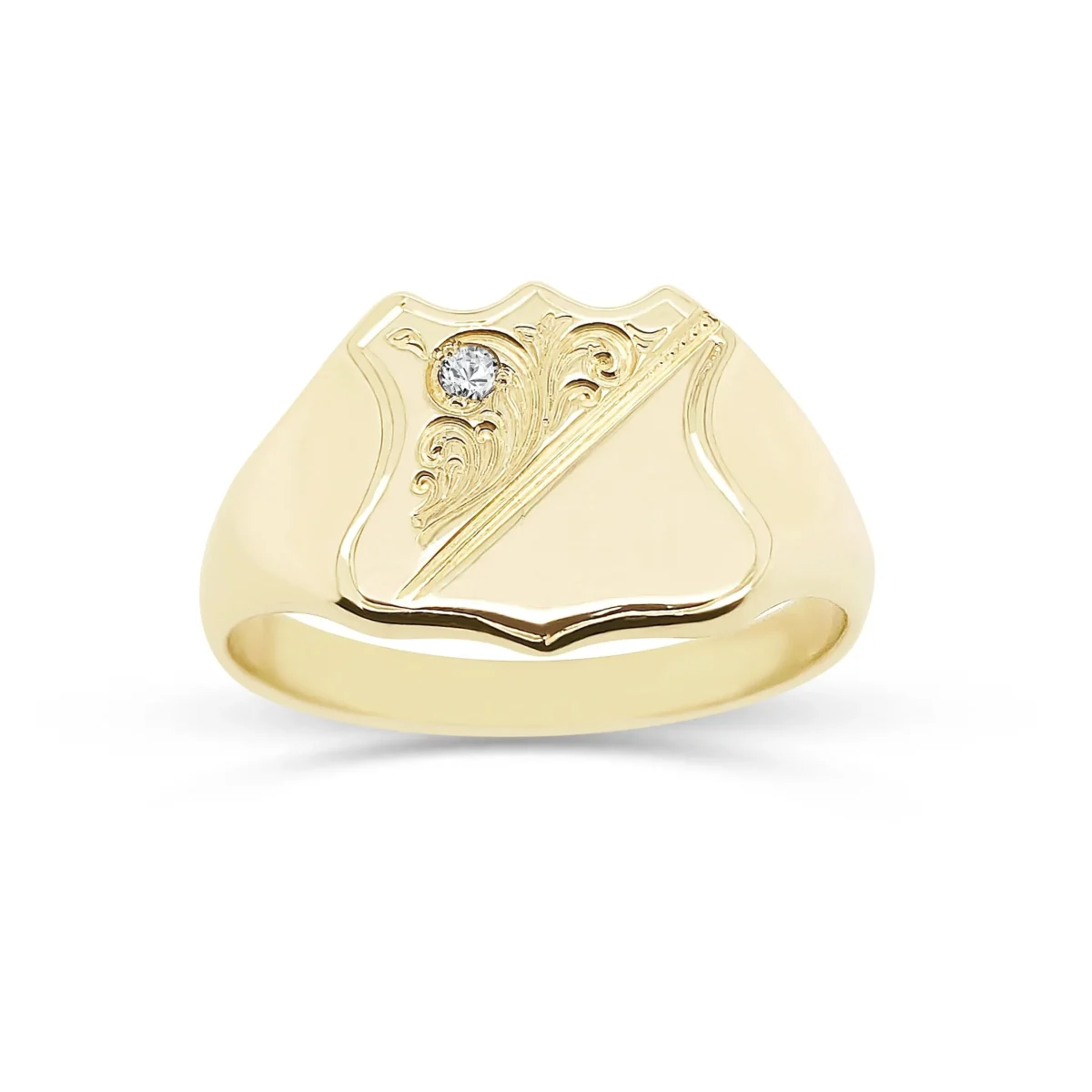 9ct Yellow Gold Shield Engraved Signet Ring with Diamond Setting