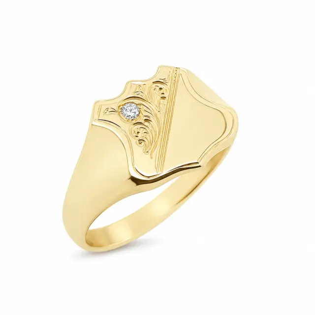 9ct Yellow Gold Shield Engraved Signet Ring with Diamond Setting