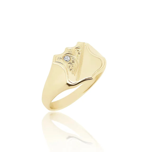 9ct Yellow Gold Shield Engraved Signet Ring with Diamond Setting
