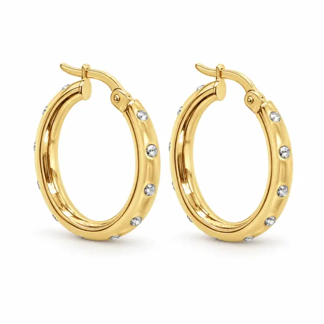 9ct Yellow Gold Silver Filled 15mm Diameter Crystal Set Round Hoop Earrings