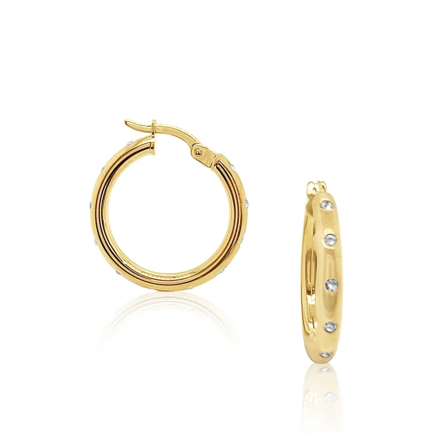9ct Yellow Gold Silver Filled 15mm Diameter Crystal Set Round Hoop Earrings