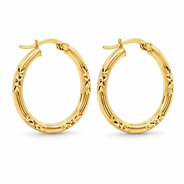 9ct Yellow Gold Silver Filled 20mm Diameter Cut Design Round Hoop Earrings