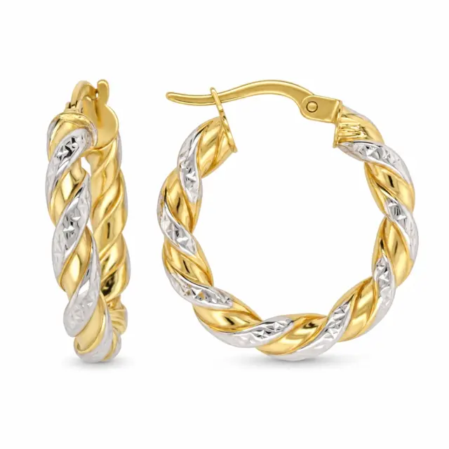 9ct Yellow Gold Silver Filled Twist Two Tone 16mm Diameter Hoop Earrings