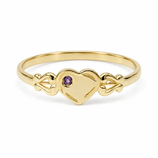 9ct Yellow Gold Single Heart Amethyst Signet Ring