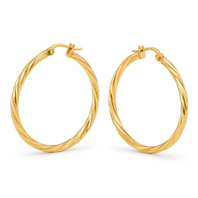 9ct Yellow Gold Sotto 2mm Twist Tube, 30mm Diameter Hoop Earrings