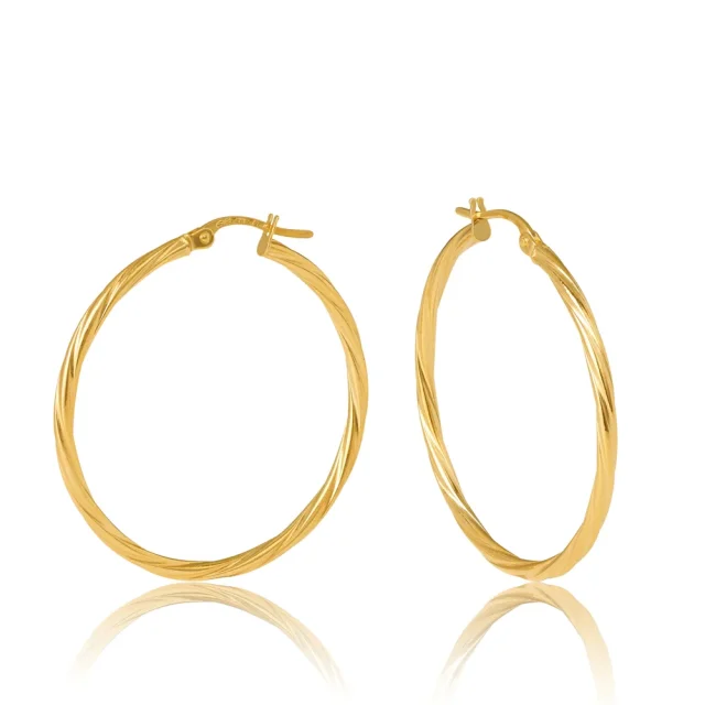 9ct Yellow Gold Sotto 2mm Twist Tube, 30mm Diameter Hoop Earrings
