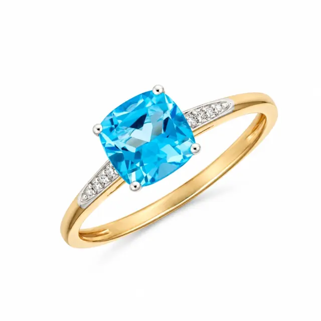 9ct Yellow Gold Square Blue Topaz & Diamond Ring - R2022BTDC