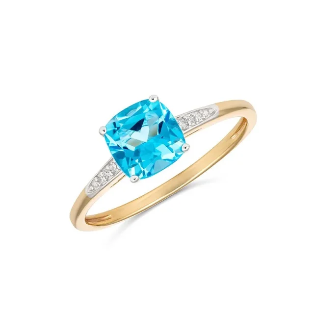 9ct Yellow Gold Square Blue Topaz & Diamond Ring - R2022BTDC