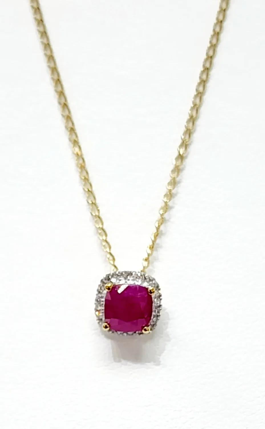 9ct Yellow Gold Square Natural Ruby 0.65ct with Diamond Halo Setting and 45cm 9ct Yellow Gold Chain