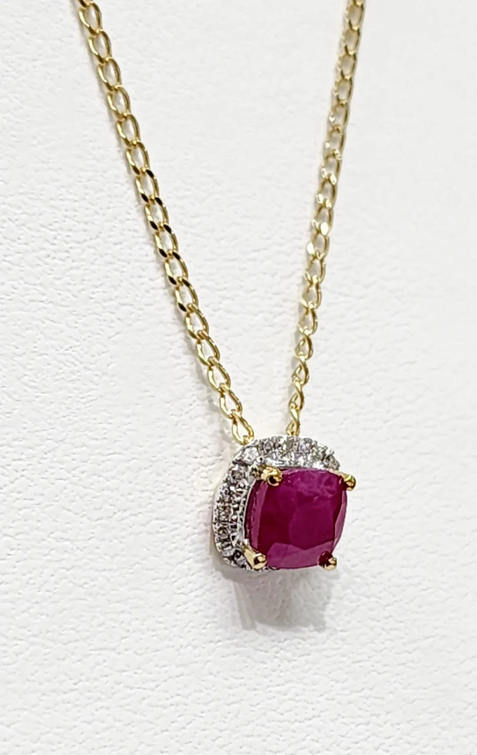 9ct Yellow Gold Square Natural Ruby 0.65ct with Diamond Halo Setting and 45cm 9ct Yellow Gold Chain