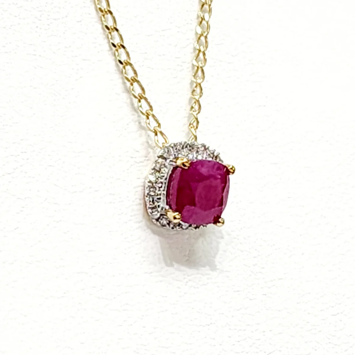 9ct Yellow Gold Square Natural Ruby 0.65ct with Diamond Halo Setting and 45cm 9ct Yellow Gold Chain