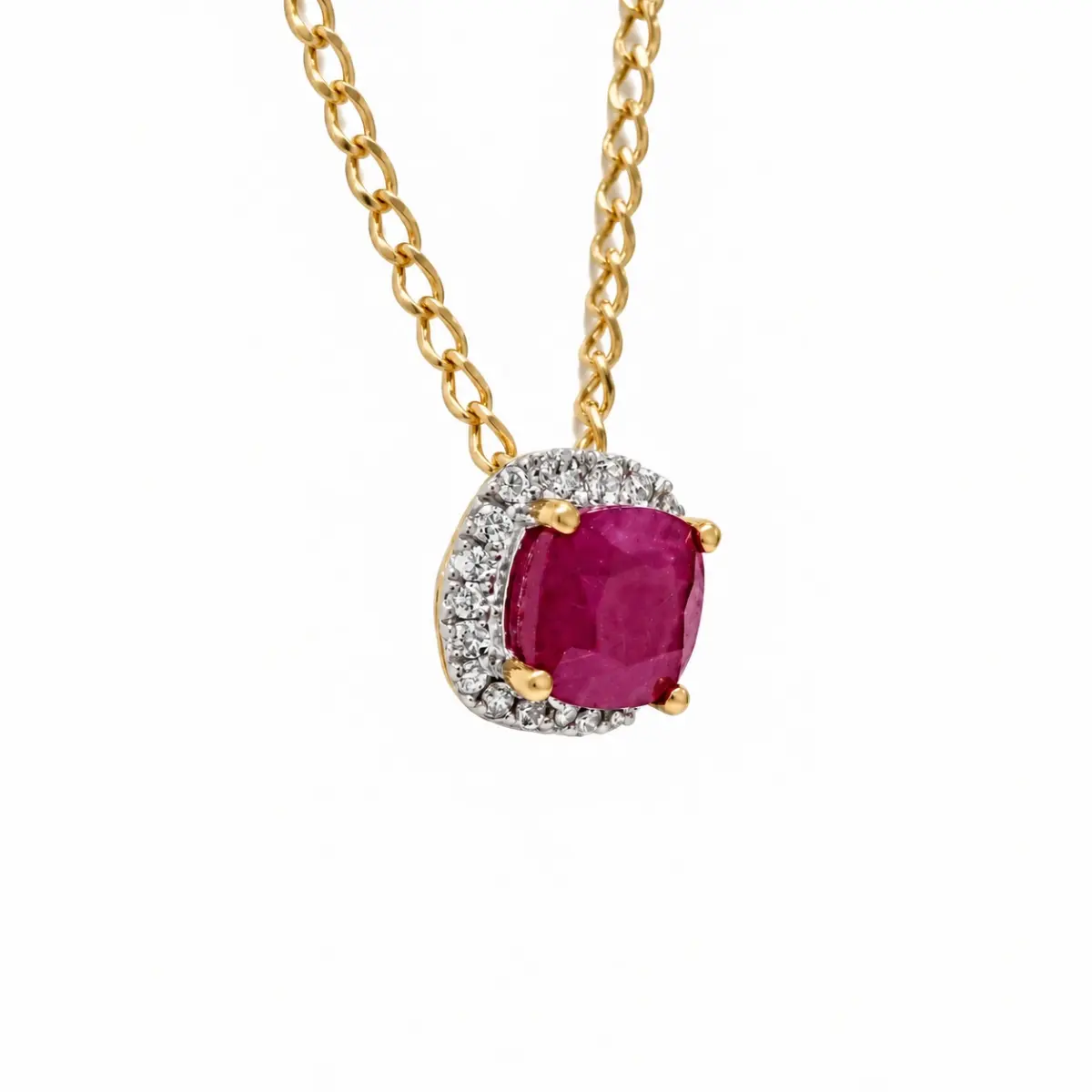 9ct Yellow Gold Square Natural Ruby 0.65ct with Diamond Halo Setting and 45cm 9ct Yellow Gold Chain