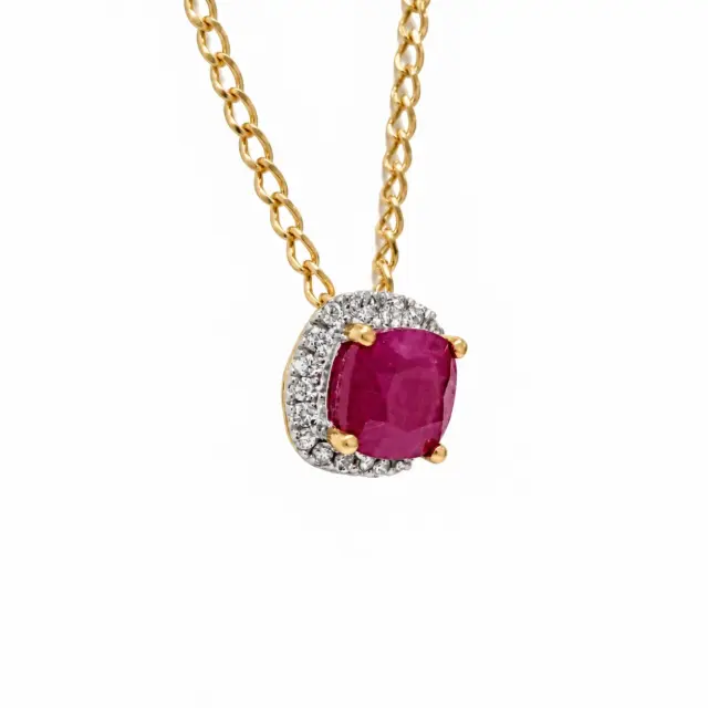 9ct Yellow Gold Square Natural Ruby 0.65ct with Diamond Halo Setting and 45cm 9ct Yellow Gold Chain