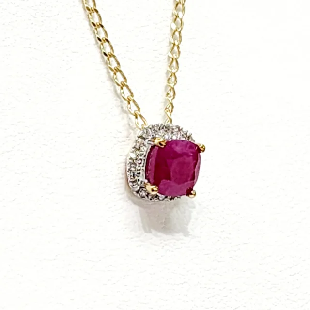 9ct Yellow Gold Square Natural Ruby 0.65ct with Diamond Halo Setting and 45cm 9ct Yellow Gold Chain