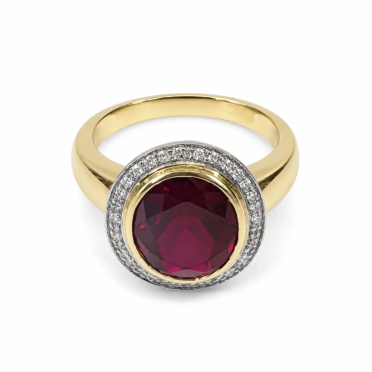 9ct Yellow Gold Synthetic Ruby & Diamond Halo Ring, 12x10mm Oval Ruby with Natural Diamond Halo - 9CTCYR1822