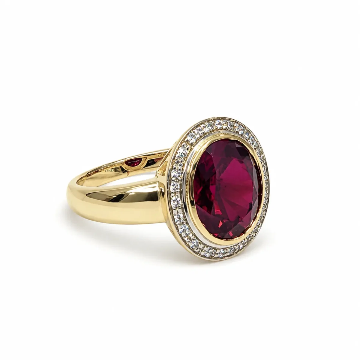 9ct Yellow Gold Synthetic Ruby & Diamond Halo Ring, 12x10mm Oval Ruby with Natural Diamond Halo - 9CTCYR1822