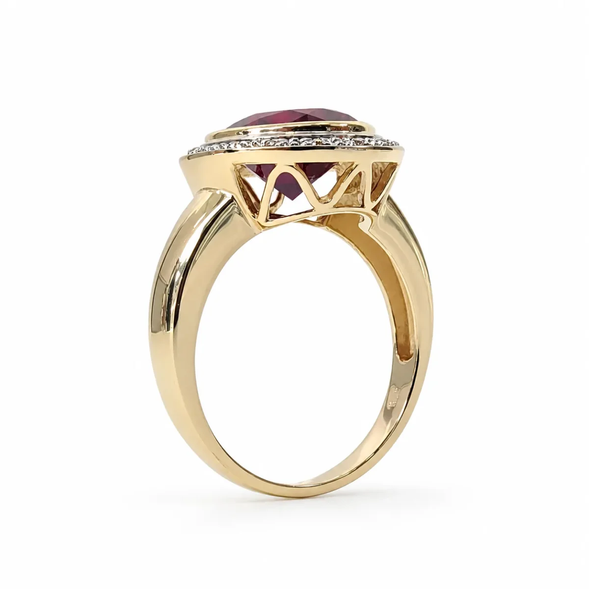 9ct Yellow Gold Synthetic Ruby & Diamond Halo Ring, 12x10mm Oval Ruby with Natural Diamond Halo - 9CTCYR1822