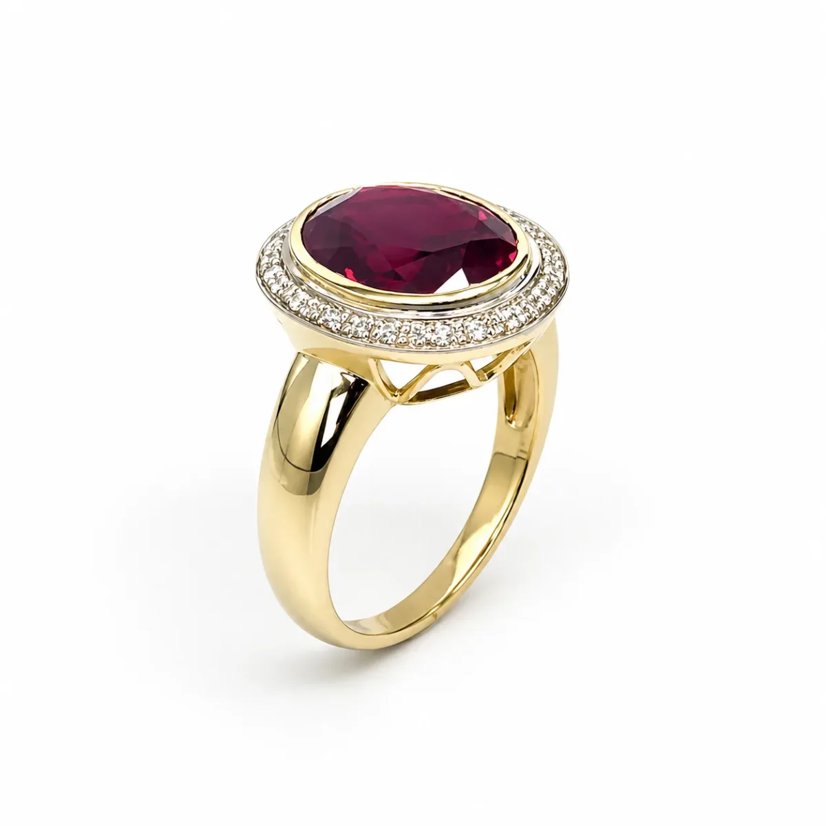 9ct Yellow Gold Synthetic Ruby & Diamond Halo Ring, 12x10mm Oval Ruby with Natural Diamond Halo - 9CTCYR1822